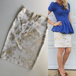 Lularoe Cassie Pencil Skirt Gold Metallic White